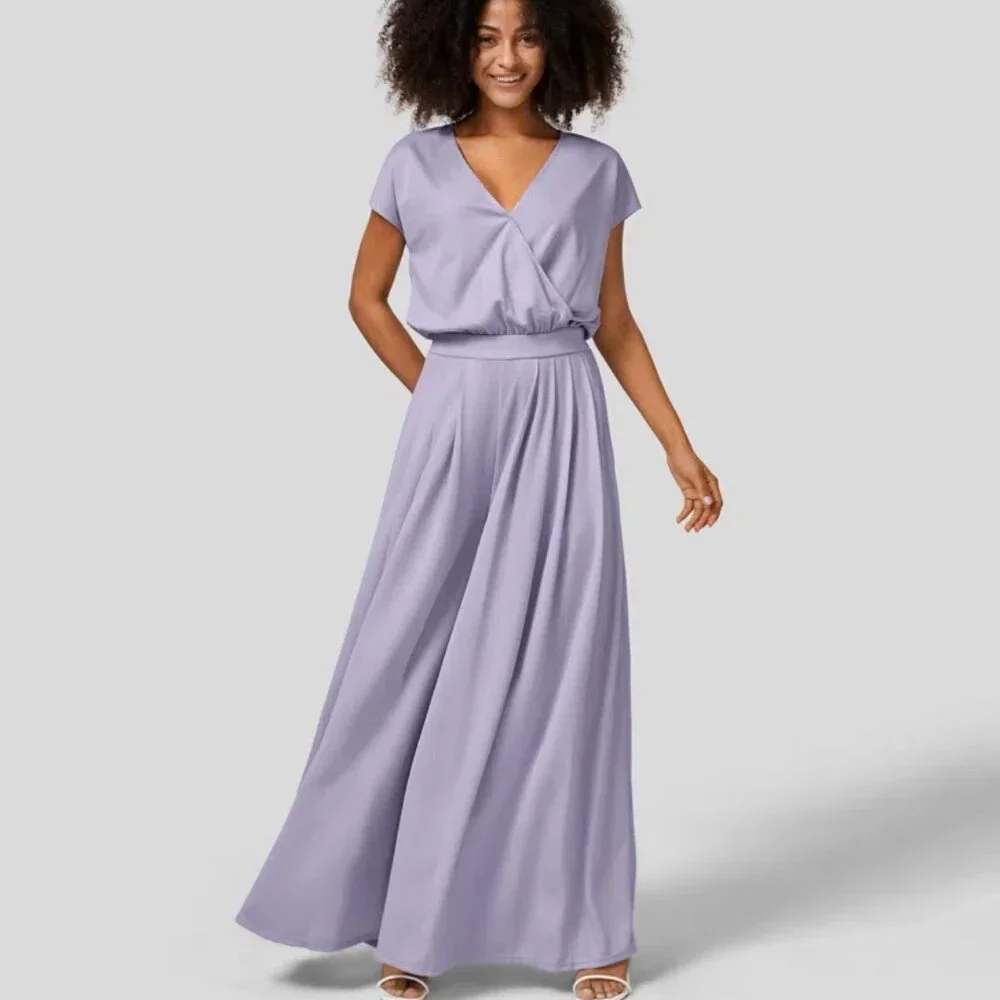 Halara V Neck Short Sleeve Plicated Side Pocket Wide Leg Jumpsuit - Picture 2 of 5